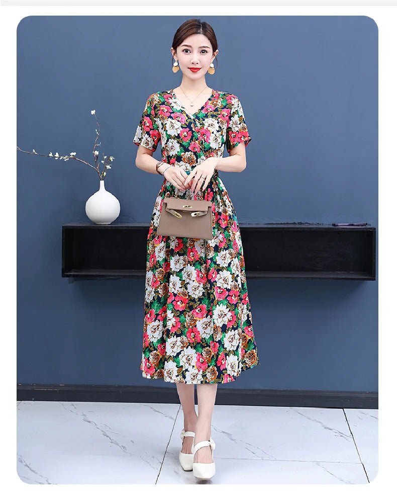 SaneShoppe-Vintage V-Neck Summer Dresses for Women - Casual Short Sleeve Sundresses