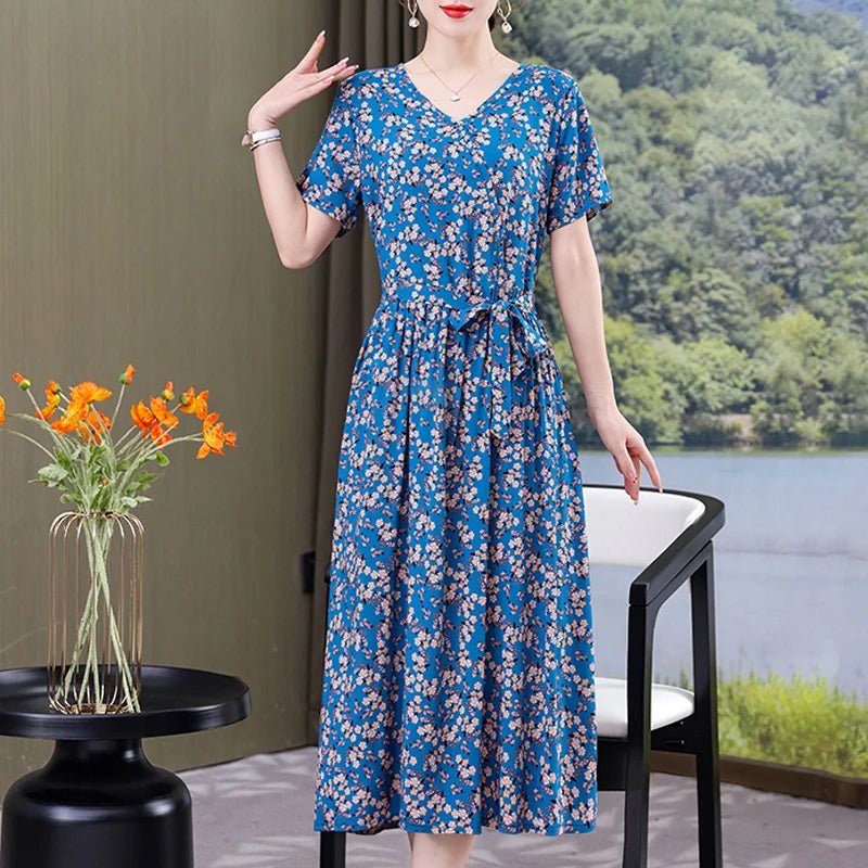SaneShoppe-Vintage V-Neck Summer Dresses for Women - Casual Short Sleeve Sundresses