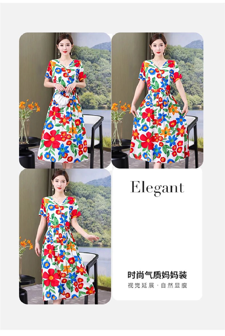SaneShoppe-Vintage V-Neck Summer Dresses for Women - Casual Short Sleeve Sundresses