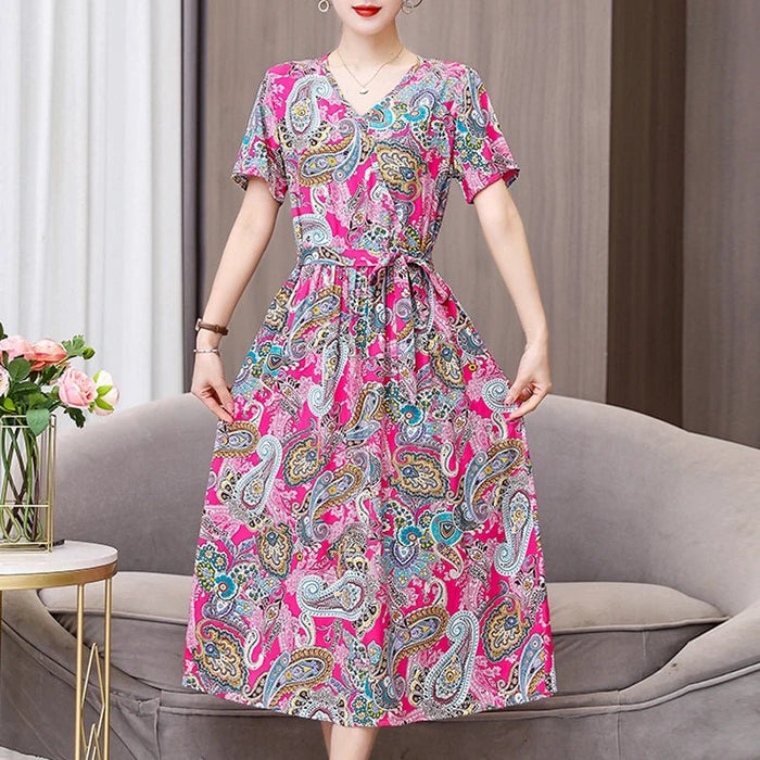 SaneShoppe-Vintage V-Neck Summer Dresses for Women - Casual Short Sleeve Sundresses