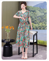 SaneShoppe-Vintage V-Neck Summer Dresses for Women - Casual Short Sleeve Sundresses