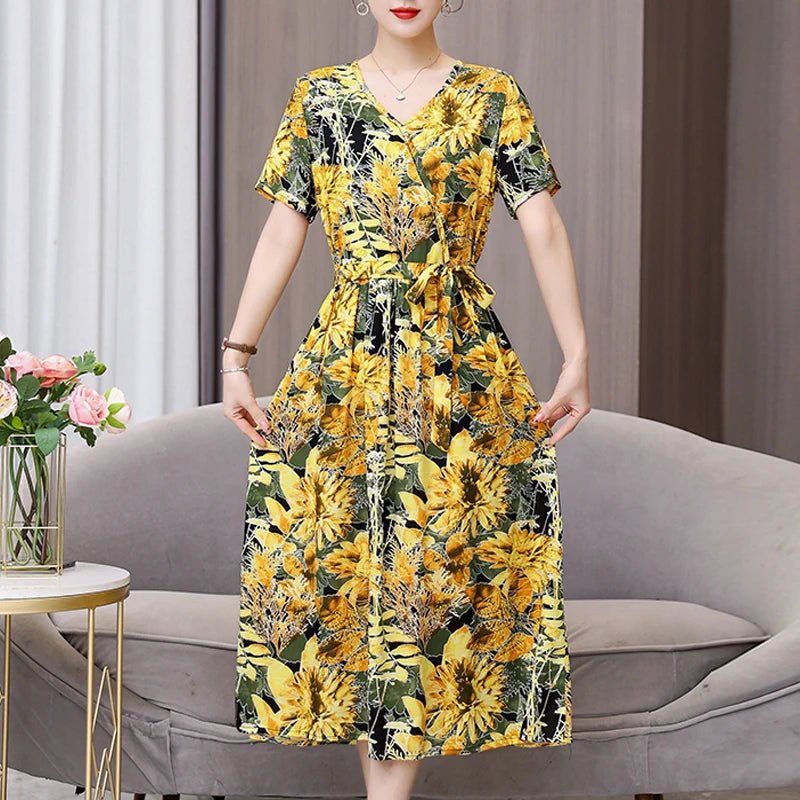 SaneShoppe-Vintage V-Neck Summer Dresses for Women - Casual Short Sleeve Sundresses