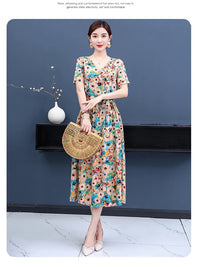 SaneShoppe-Vintage V-Neck Summer Dresses for Women - Casual Short Sleeve Sundresses