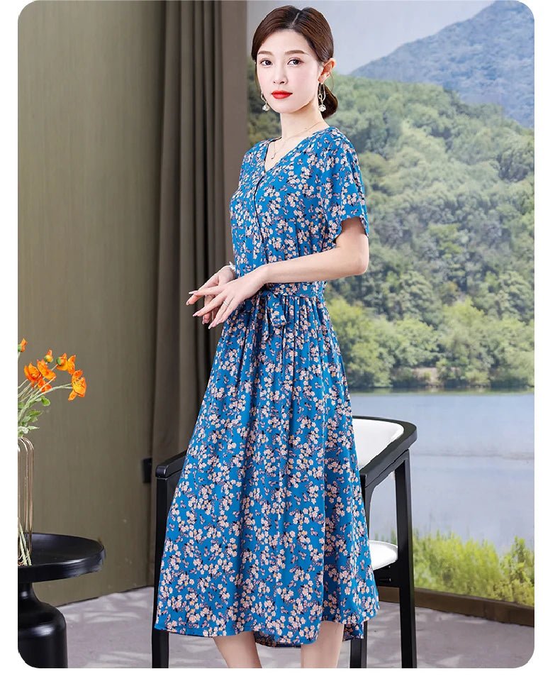 SaneShoppe-Vintage V-Neck Summer Dresses for Women - Casual Short Sleeve Sundresses
