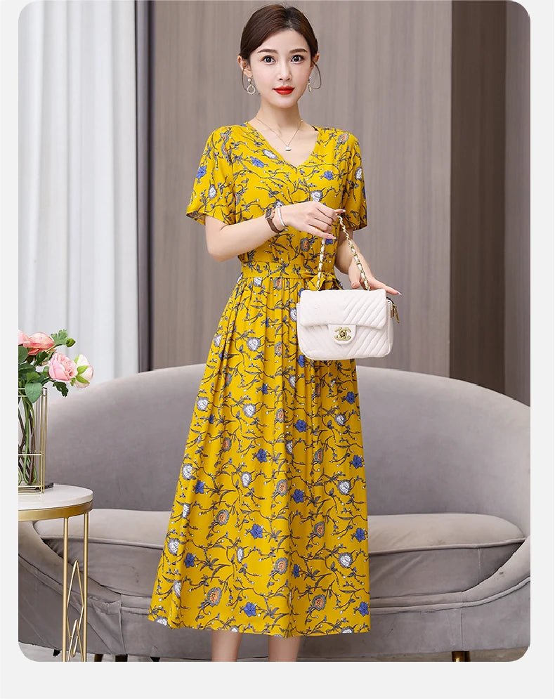 SaneShoppe-Vintage V-Neck Summer Dresses for Women - Casual Short Sleeve Sundresses