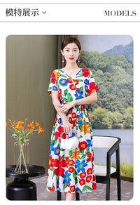 SaneShoppe-Vintage V-Neck Summer Dresses for Women - Casual Short Sleeve Sundresses