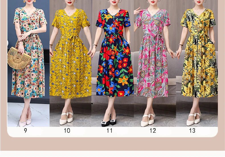 SaneShoppe-Vintage V-Neck Summer Dresses for Women - Casual Short Sleeve Sundresses