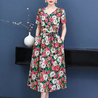 SaneShoppe-Vintage V-Neck Summer Dresses for Women - Casual Short Sleeve Sundresses