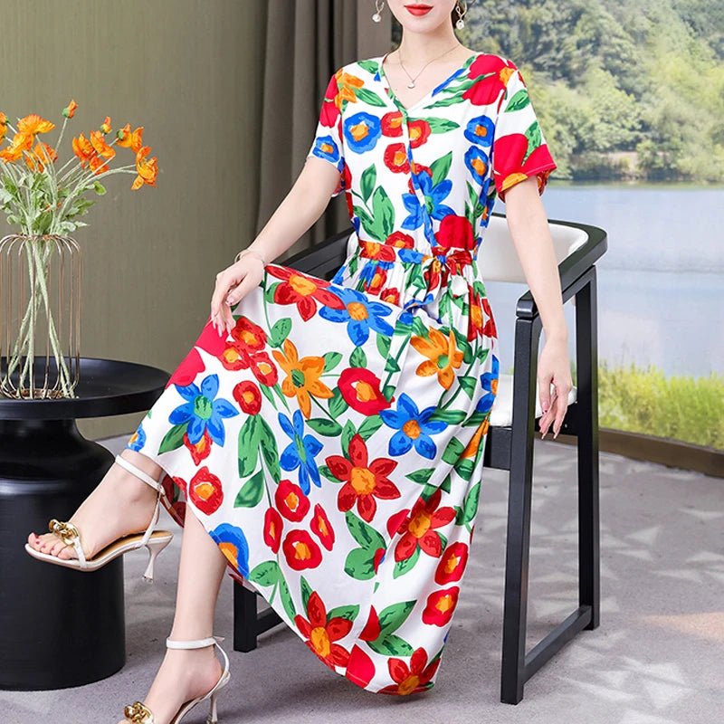 SaneShoppe-Vintage V-Neck Summer Dresses for Women - Casual Short Sleeve Sundresses