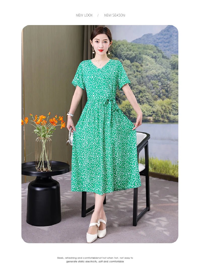 SaneShoppe-Vintage V-Neck Summer Dresses for Women - Casual Short Sleeve Sundresses