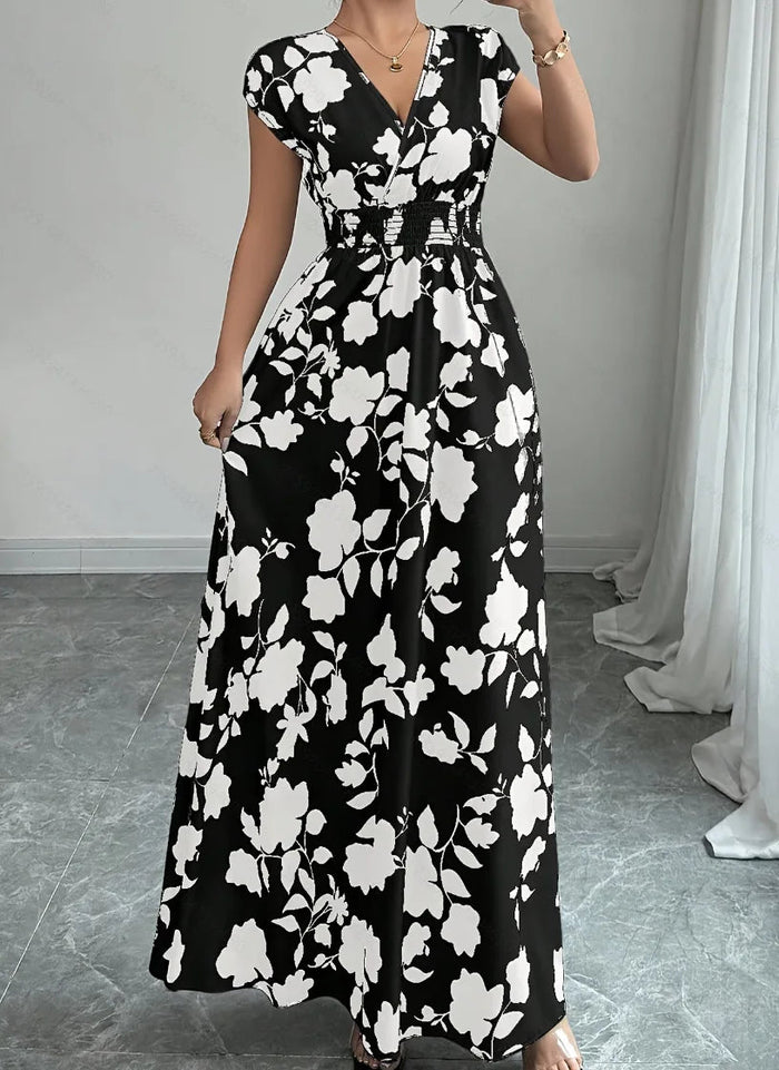 SaneShoppe - Summer Women's V - neck Dress Short - sleeved High - waisted Plant Print Simple Fashion Holiday Casual Long Dress for Female