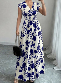 SaneShoppe - Summer Women's V - neck Dress Short - sleeved High - waisted Plant Print Simple Fashion Holiday Casual Long Dress for Female