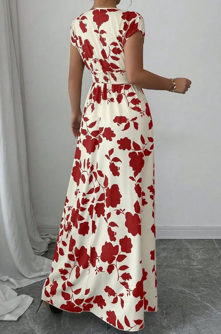 SaneShoppe - Summer Women's V - neck Dress Short - sleeved High - waisted Plant Print Simple Fashion Holiday Casual Long Dress for Female