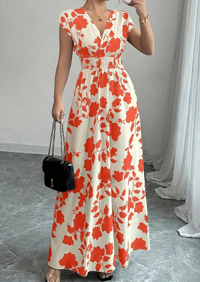 SaneShoppe - Summer Women's V - neck Dress Short - sleeved High - waisted Plant Print Simple Fashion Holiday Casual Long Dress for Female