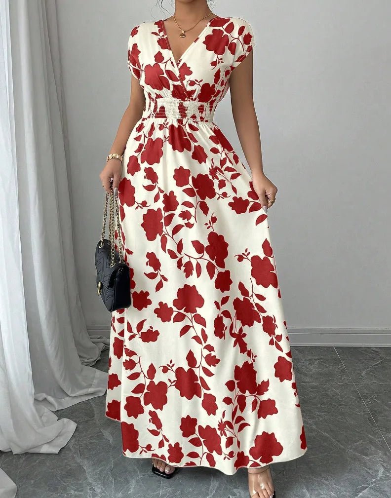 SaneShoppe - Summer Women's V - neck Dress Short - sleeved High - waisted Plant Print Simple Fashion Holiday Casual Long Dress for Female