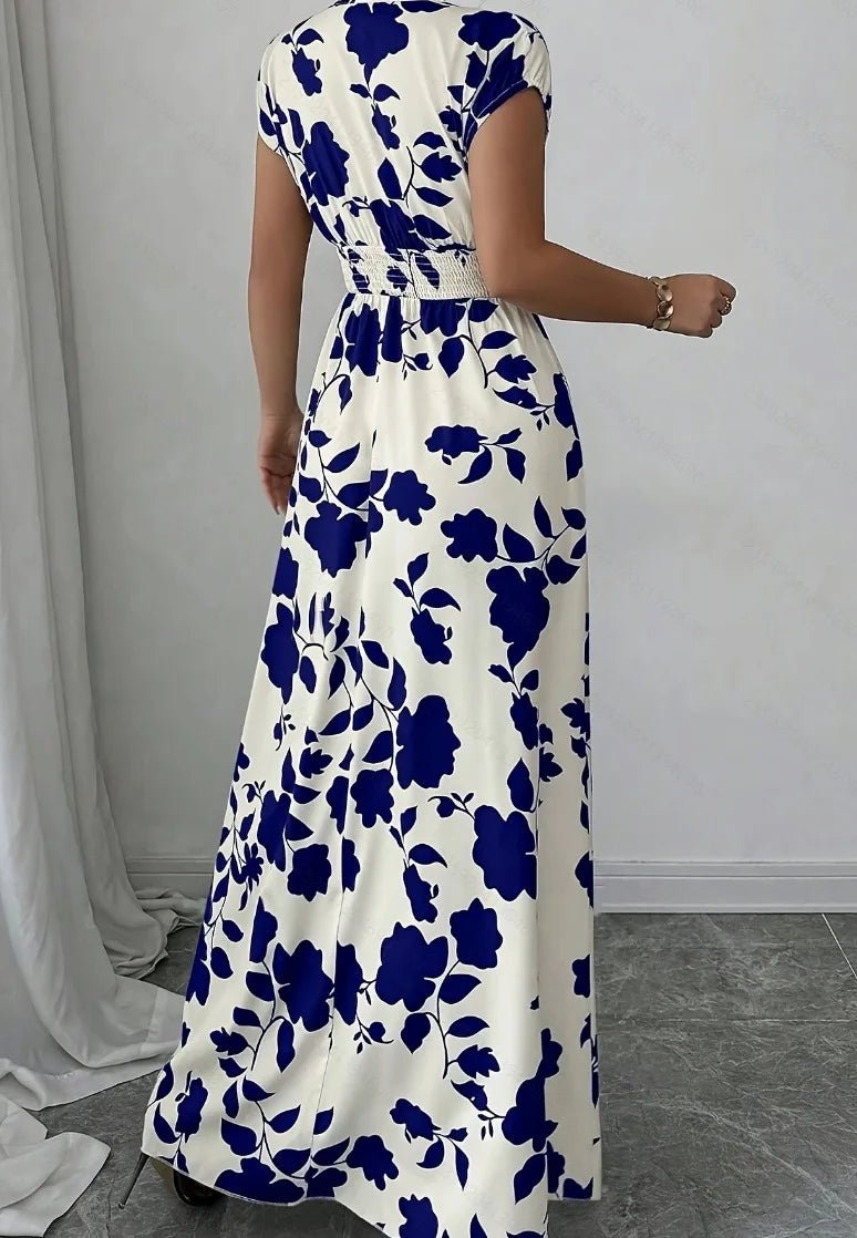 SaneShoppe - Summer Women's V - neck Dress Short - sleeved High - waisted Plant Print Simple Fashion Holiday Casual Long Dress for Female