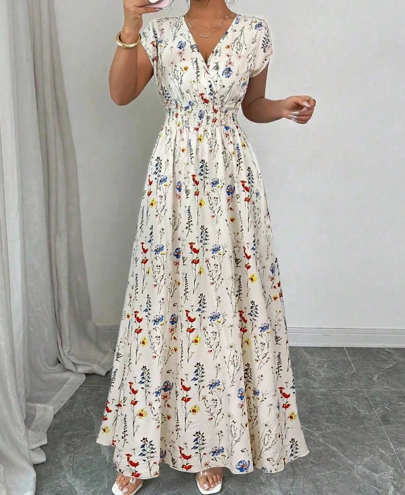 SaneShoppe - Summer Women's V - neck Dress Short - sleeved High - waisted Plant Print Simple Fashion Holiday Casual Long Dress for Female