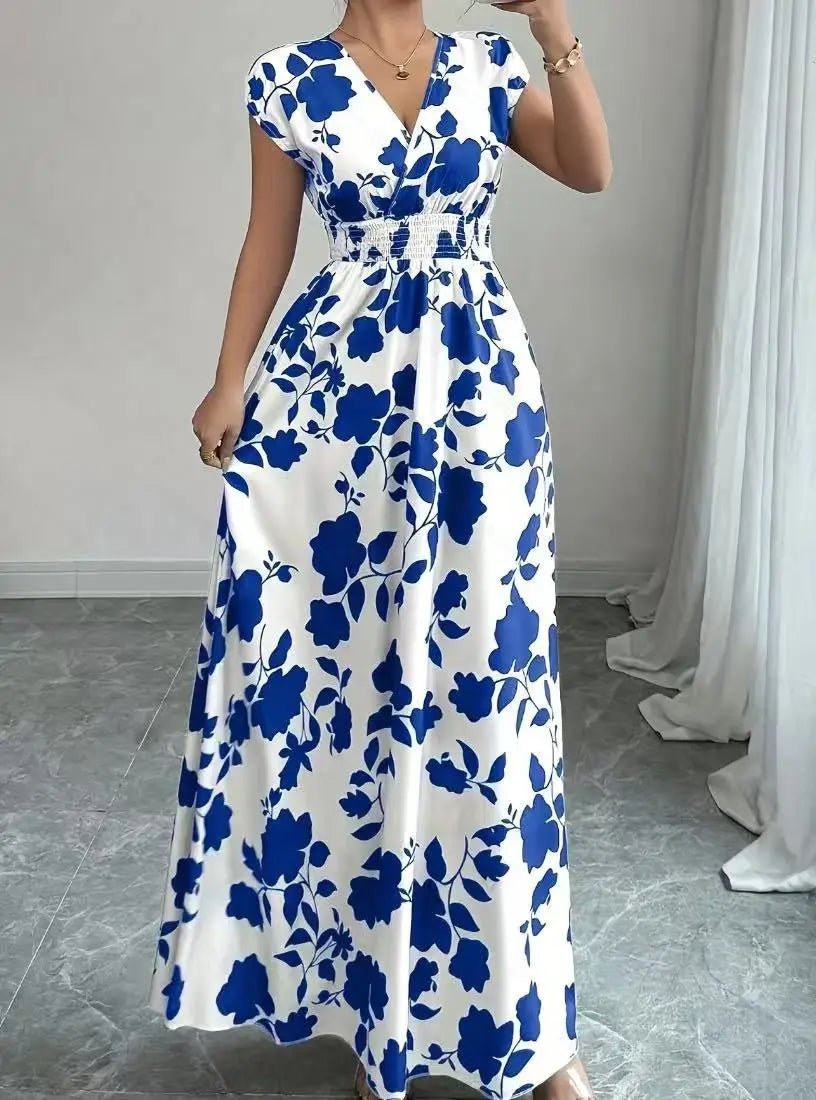 SaneShoppe - Summer Women's V - neck Dress Short - sleeved High - waisted Plant Print Simple Fashion Holiday Casual Long Dress for Female