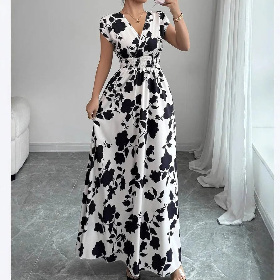 SaneShoppe - Summer Women's V - neck Dress Short - sleeved High - waisted Plant Print Simple Fashion Holiday Casual Long Dress for Female