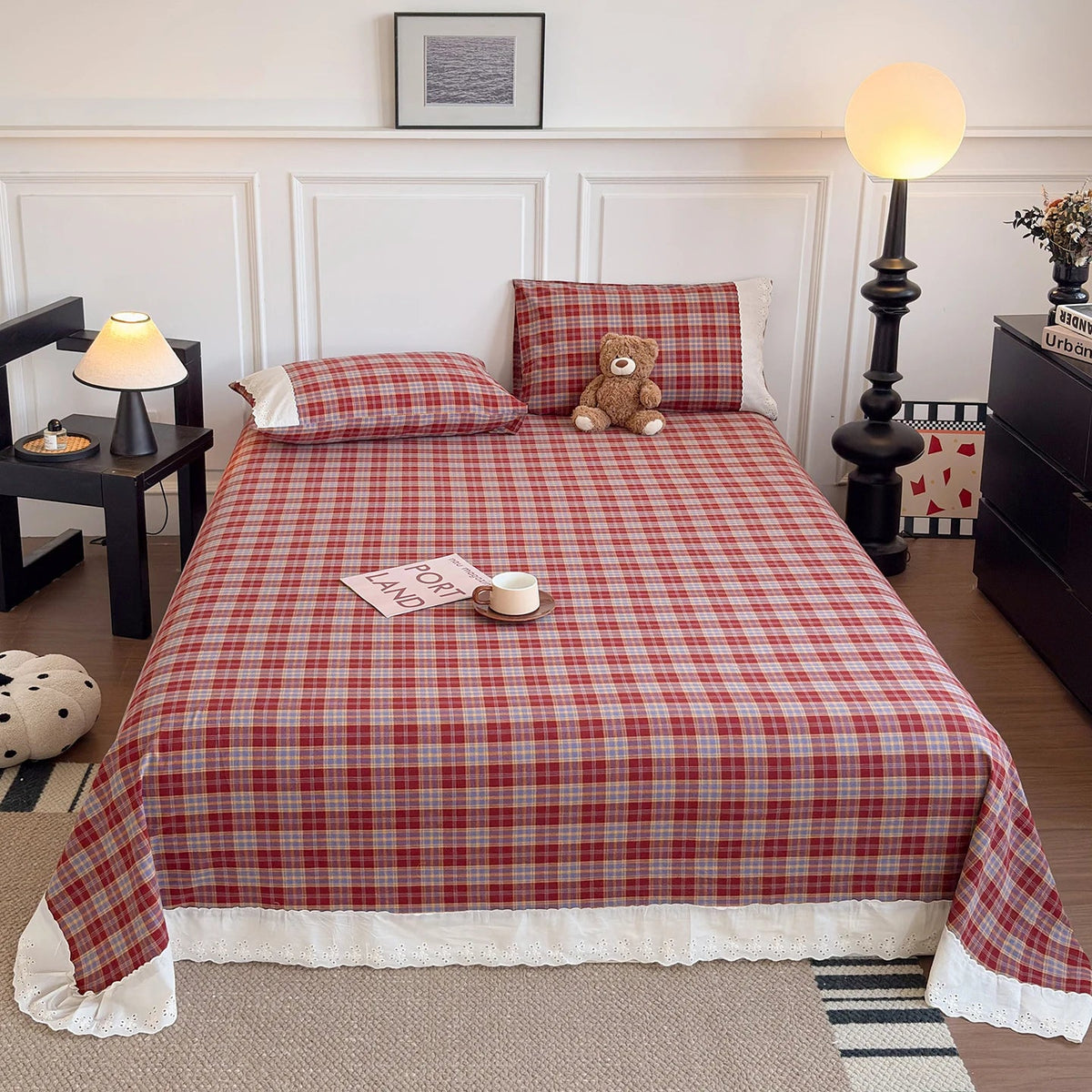 SaneShoppe - Sweet White Ruffles 100% Cotton Bed Sheet Set with Pillowcases Breathable Plaid Flat Sheet for Single Double Bed Cotton Sheets