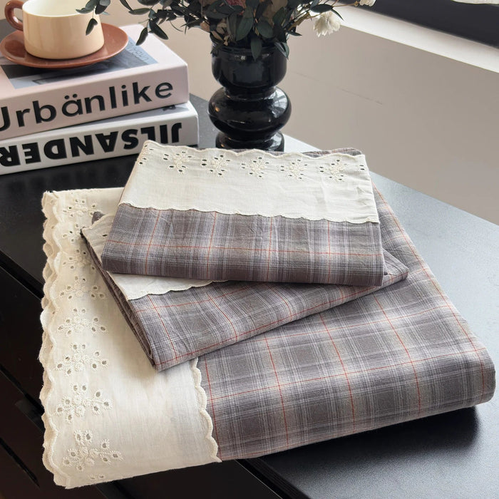 SaneShoppe - Sweet White Ruffles 100% Cotton Bed Sheet Set with Pillowcases Breathable Plaid Flat Sheet for Single Double Bed Cotton Sheets