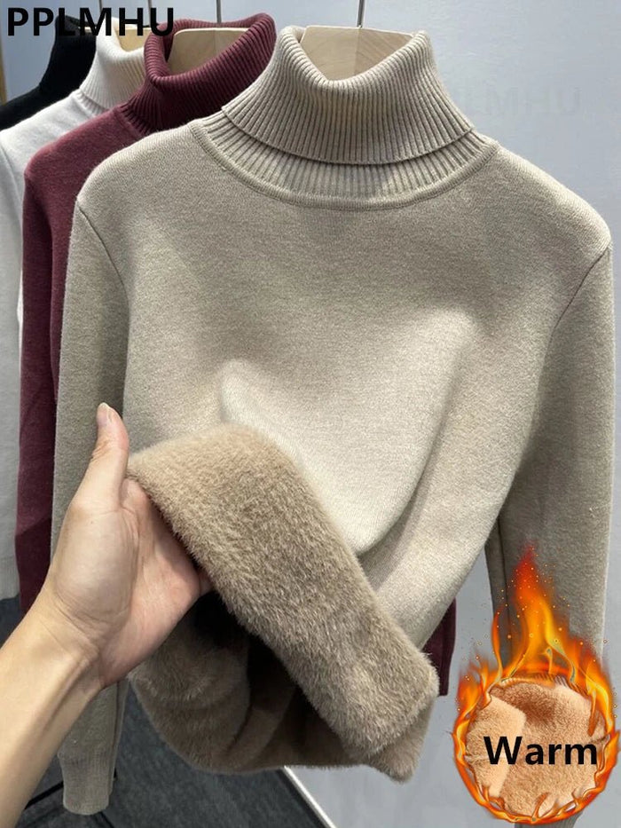 SaneShoppe-Korean Style Turtleneck Sweater Women's Thick Velvet Knit Pullover
