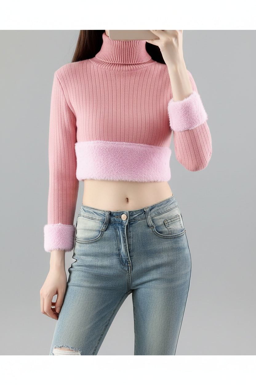 SaneShoppe-Elegant Velvet Lined Turtleneck Sweater Women Warm Winter Top