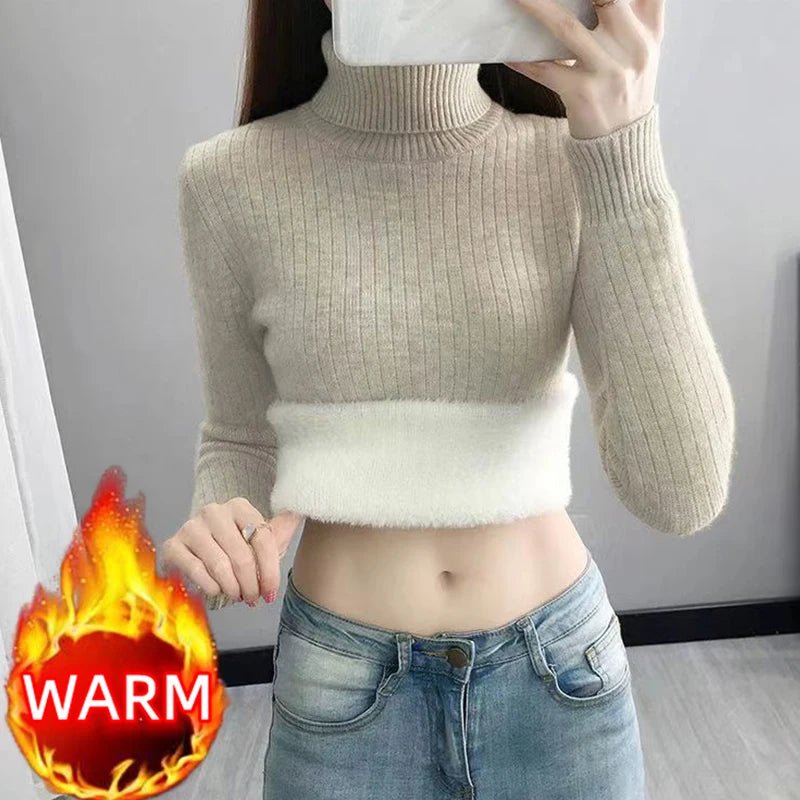 SaneShoppe-Elegant Velvet Lined Turtleneck Sweater Women Warm Winter Top
