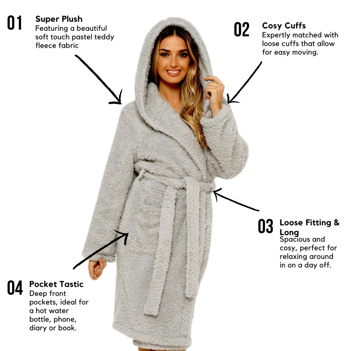 SaneShoppe - Ultra - Soft Women's Grey Hooded Teddy Fleece Bath Robe Perfect for Lounging and Post - Shower Comfort Available in Sizes Small to X Large by Daisy Dreamer