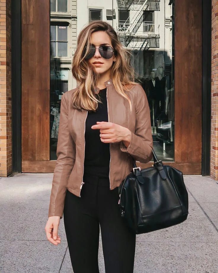 SaneShoppe-Vintage Women PU Leather Bomber Jacket Zipper Windbreaker Streetwear Y2K Blazer Fashion