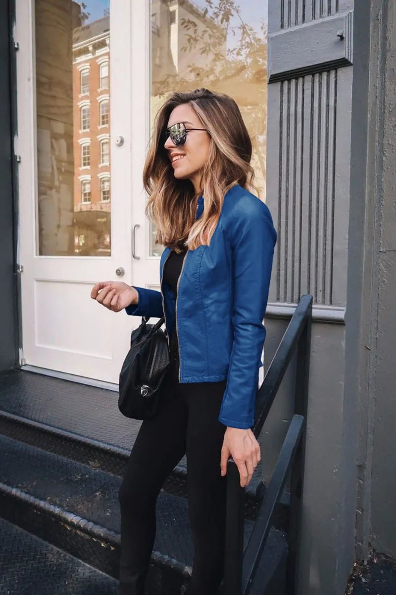SaneShoppe-Vintage Women PU Leather Bomber Jacket Zipper Windbreaker Streetwear Y2K Blazer Fashion