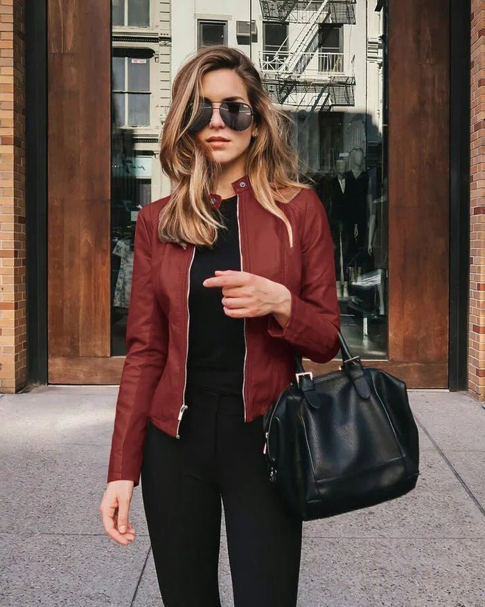 SaneShoppe-Vintage Women PU Leather Bomber Jacket Zipper Windbreaker Streetwear Y2K Blazer Fashion