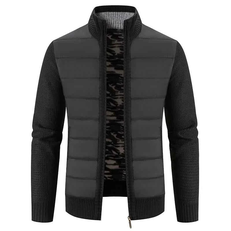Men's Winter Fleece Cardigan - Warm Patchwork Knit Sweater Coat
