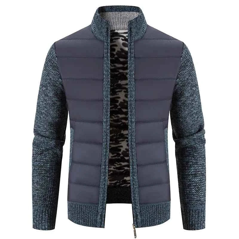 Men's Winter Fleece Cardigan - Warm Patchwork Knit Sweater Coat