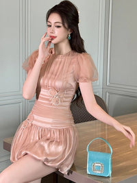 SaneShoppe - Women Clothes Evening Sweet Pink Sexy Puff Sleeve Corset Mini Short Dress Elegant Lady Fashion Party Birthday Vestido Summer New