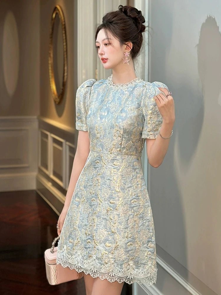 SaneShoppe - Women Clothes Retro Blue Jacquard Puff Sleeve Lace Slim A - Line Mini Short Dress Elegant Lady Fashion Party Vestidos Casual New