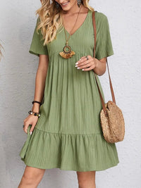 SaneShoppe - Women Elegant Short Sleeve V Neck Ruffles Dress Summer Casual Solid Loose Mini Dress Chic Bohemian Sundress Beach Party Vestidos