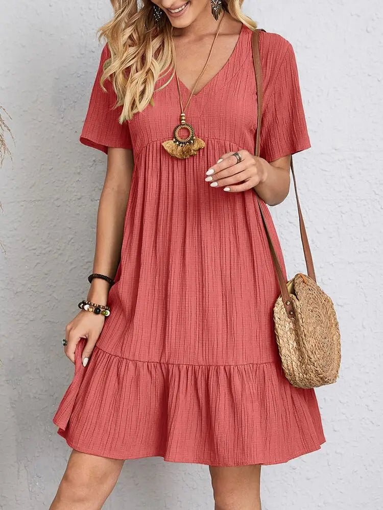 SaneShoppe - Women Elegant Short Sleeve V Neck Ruffles Dress Summer Casual Solid Loose Mini Dress Chic Bohemian Sundress Beach Party Vestidos