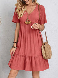 SaneShoppe - Women Elegant Short Sleeve V Neck Ruffles Dress Summer Casual Solid Loose Mini Dress Chic Bohemian Sundress Beach Party Vestidos