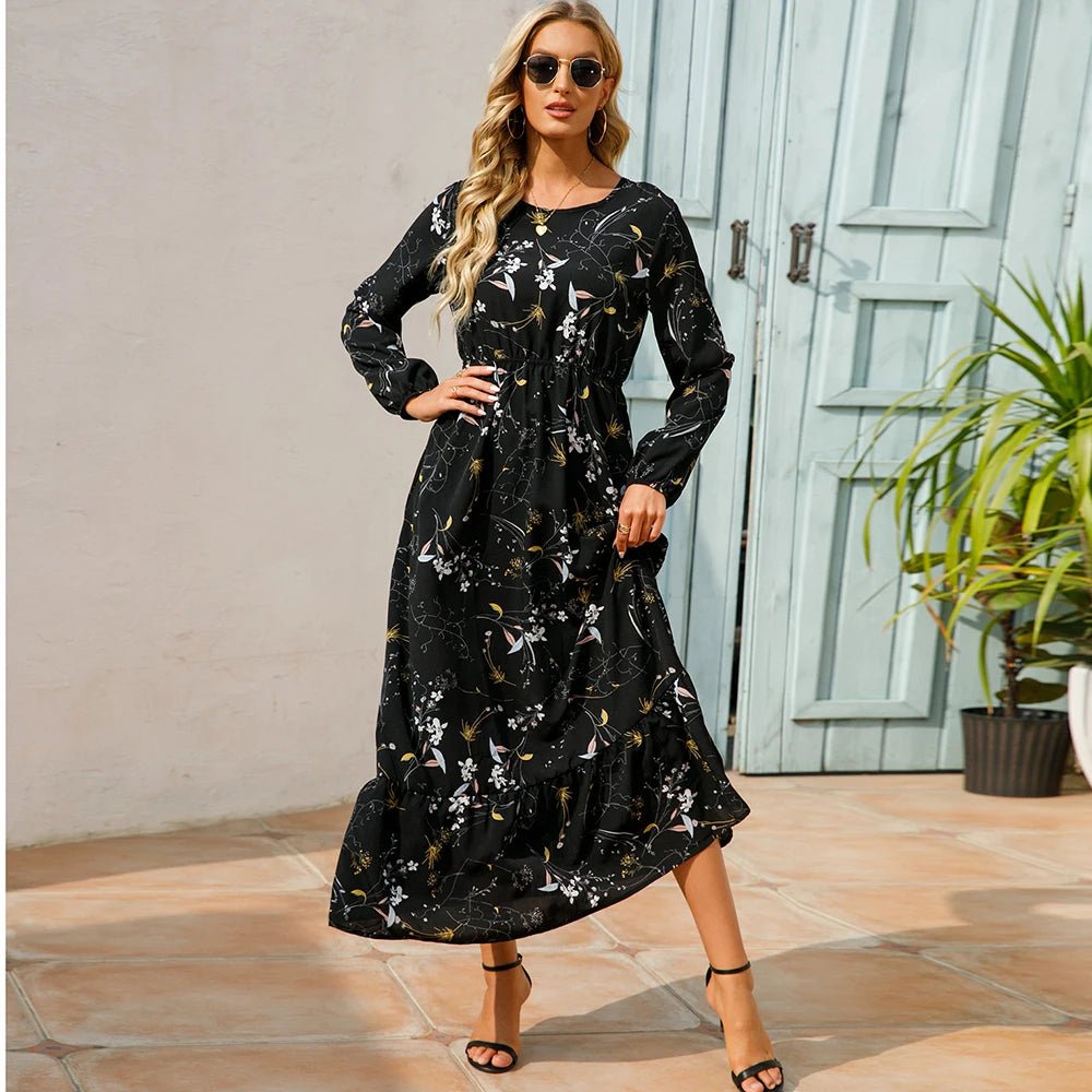 SaneShoppe - Women Maxi Dresses Sping Autumn Bohemian Casual Full Sleeve High Waist Beach Woman Chiffon Dresses Floral Vestidoes Long Dress