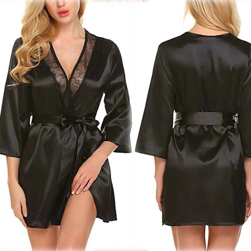 Women's Satin Kimono Robe with Lace - Bridal Wedding Wrap Nightgown Pajamas