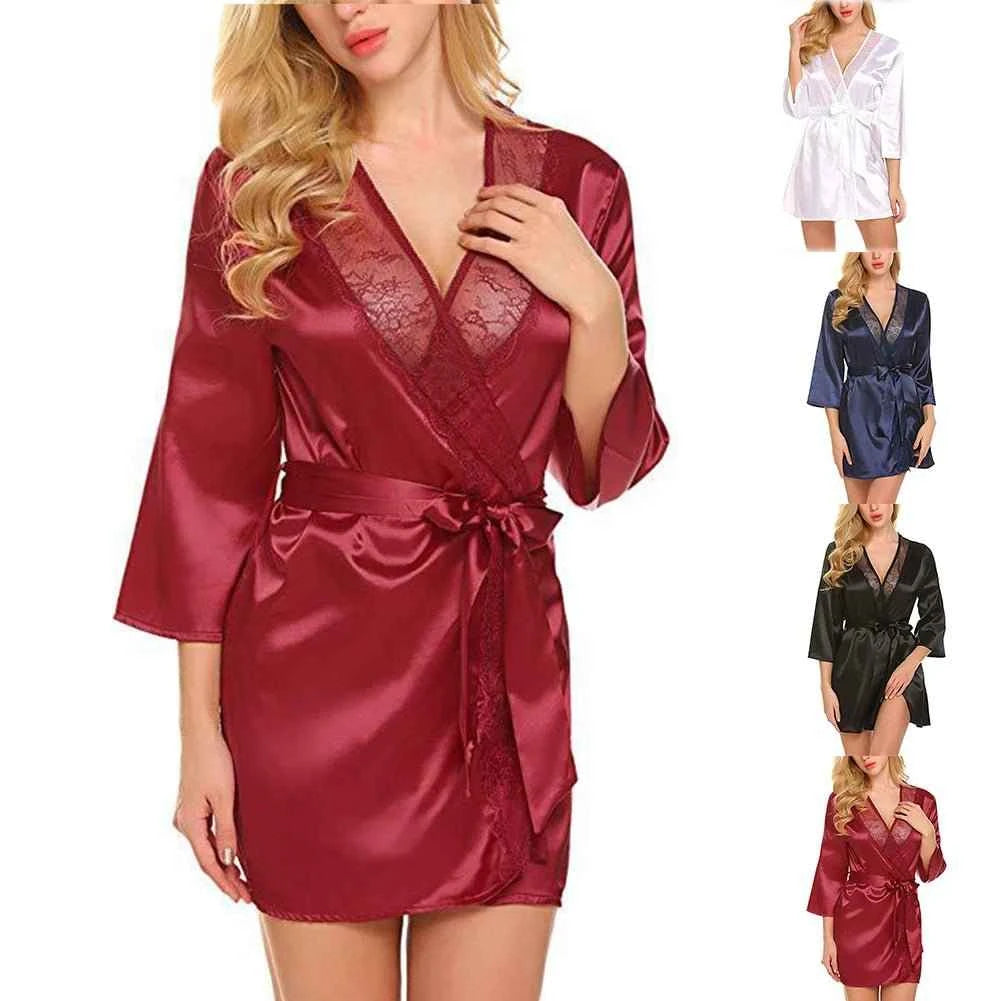 Women's Satin Kimono Robe with Lace - Bridal Wedding Wrap Nightgown Pajamas