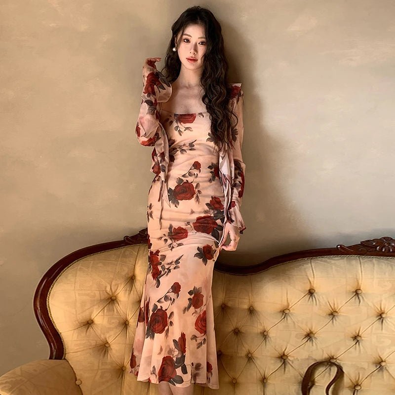SaneShoppe - Women Vacation Clothes Sweet Floral Print 2 Piece Outfit Sexy Sling Slim Dress And Ruffled Tops Coat Set Suits Casual Autumn New