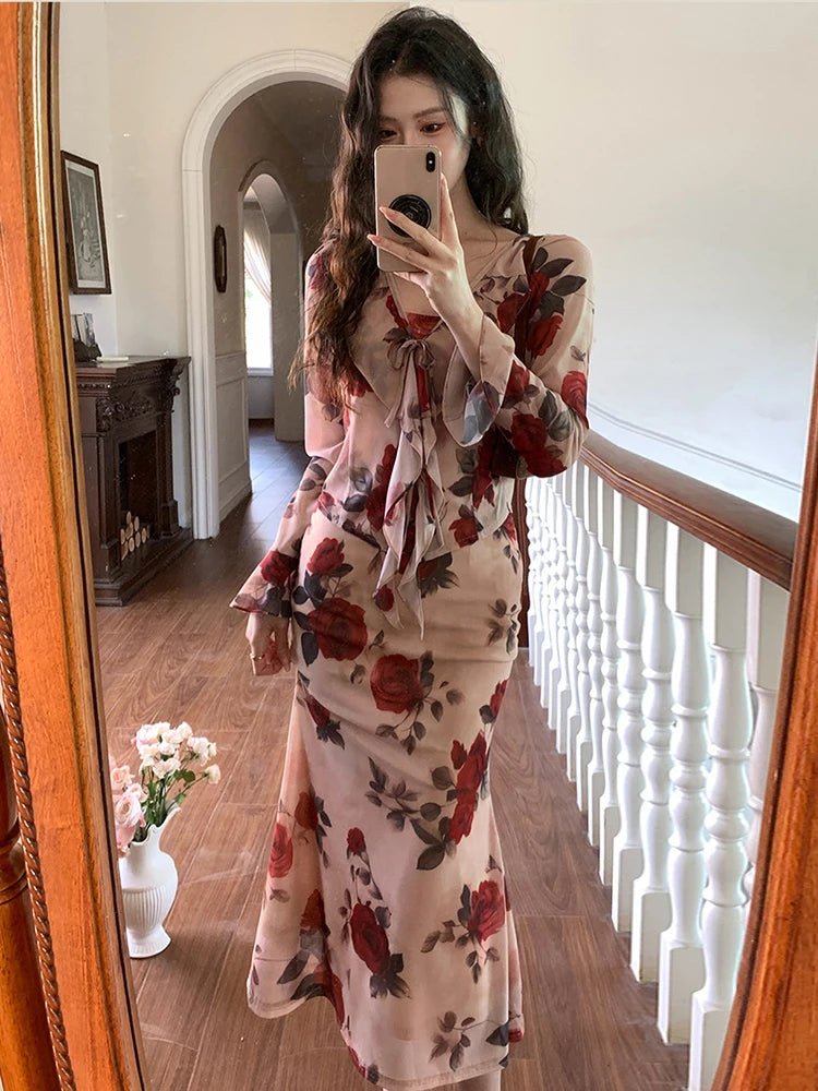 SaneShoppe - Women Vacation Clothes Sweet Floral Print 2 Piece Outfit Sexy Sling Slim Dress And Ruffled Tops Coat Set Suits Casual Autumn New
