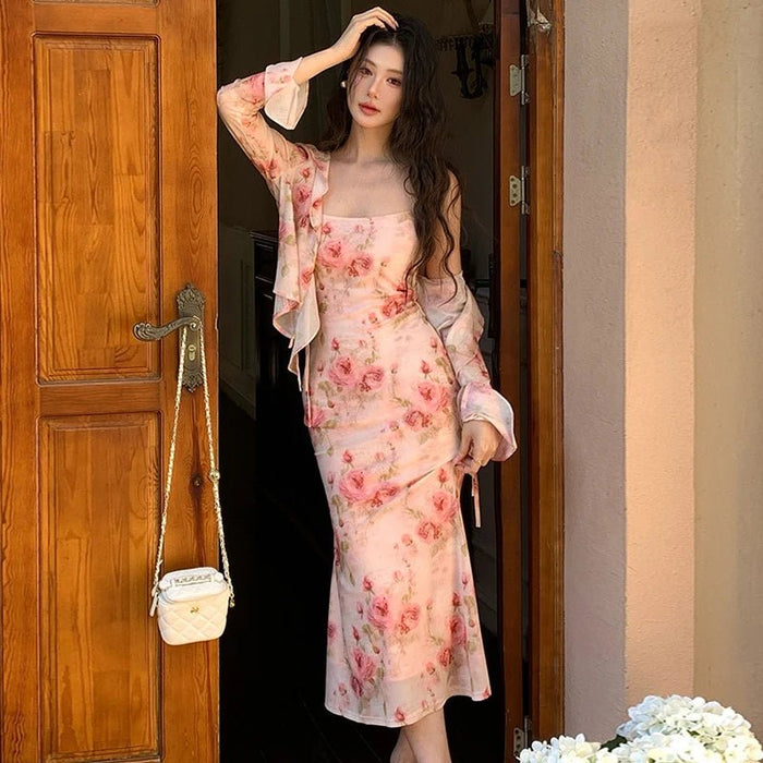 SaneShoppe - Women Vacation Clothes Sweet Floral Print 2 Piece Outfit Sexy Sling Slim Dress And Ruffled Tops Coat Set Suits Casual Autumn New