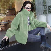 SaneShoppe-Winter Women's Plush Fleece Coat with Stand Collar, Casual Zipper Closure Long Sleeve Overcoat