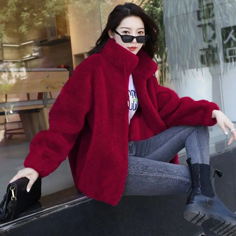 SaneShoppe-Winter Women's Plush Fleece Coat with Stand Collar, Casual Zipper Closure Long Sleeve Overcoat