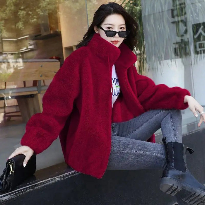 SaneShoppe-Winter Women's Plush Fleece Coat with Stand Collar, Casual Zipper Closure Long Sleeve Overcoat