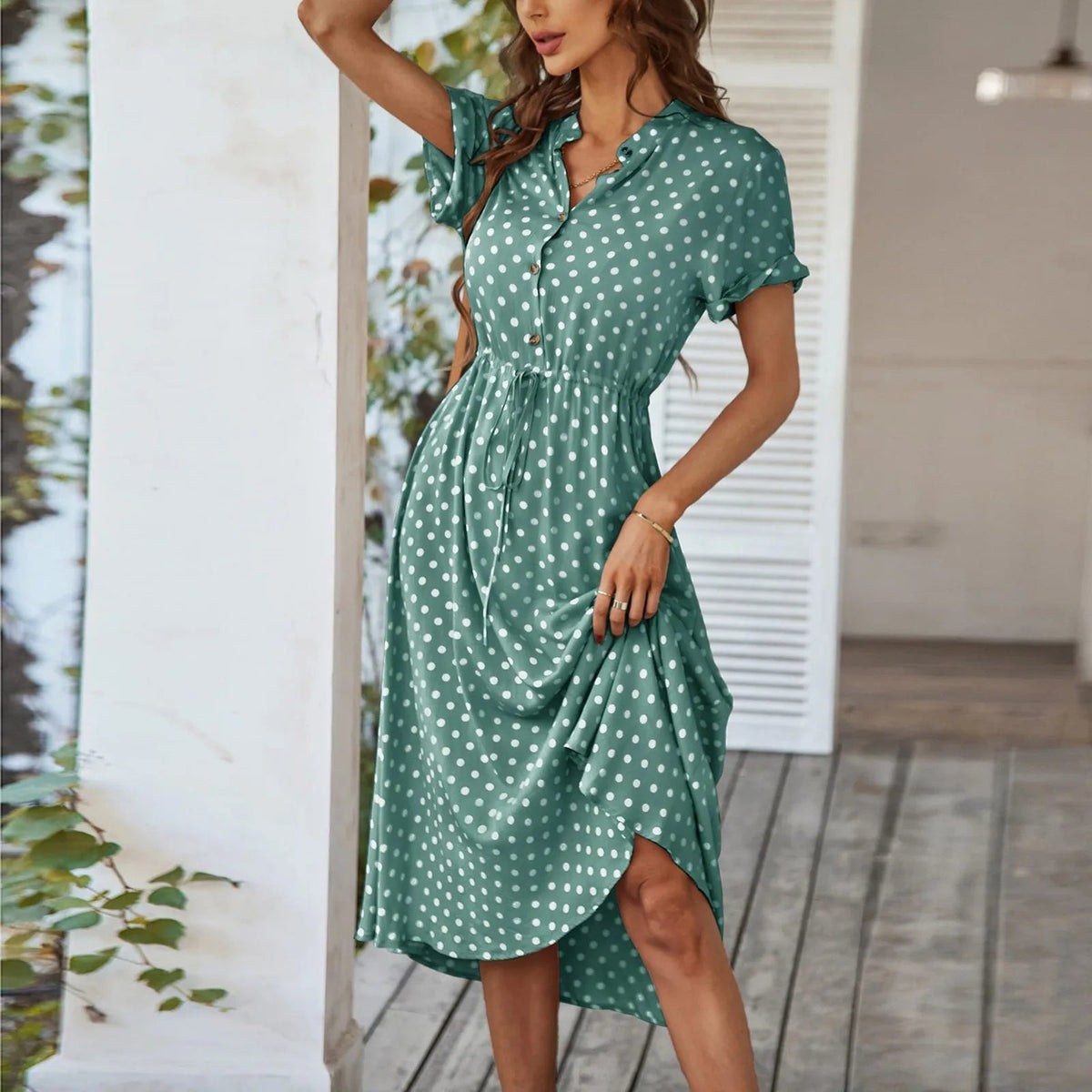 SaneShoppe - Women'S Button Printed Maxi Dress Drawstring Waist V - Neck Elegant Slim Casual Long Dress Summer Club Party Prom Dress