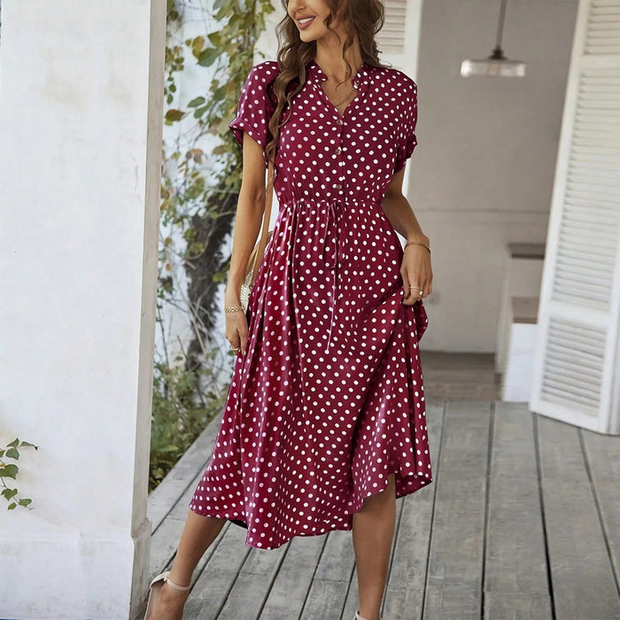 SaneShoppe - Women'S Button Printed Maxi Dress Drawstring Waist V - Neck Elegant Slim Casual Long Dress Summer Club Party Prom Dress